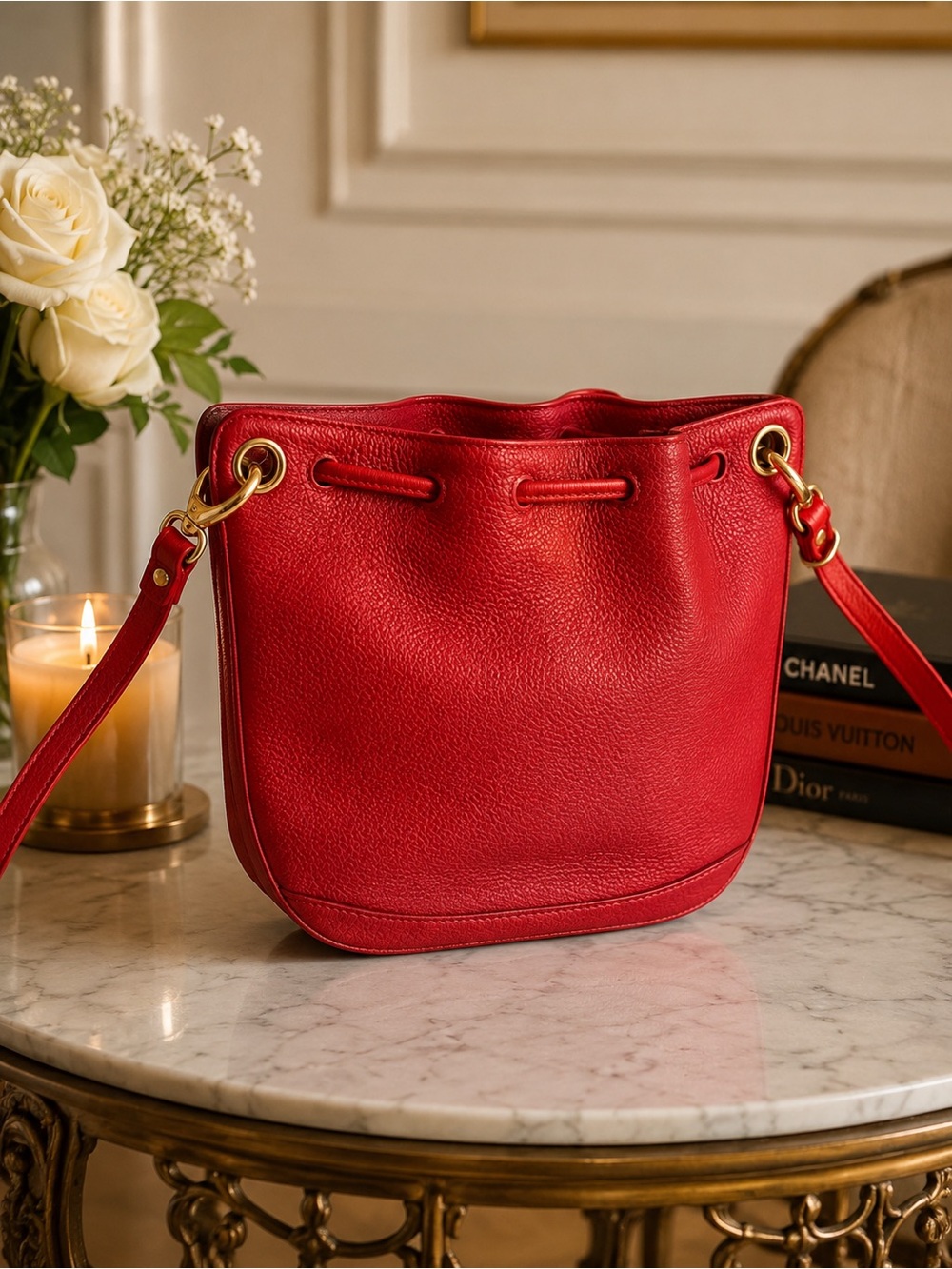 MCM Red Pebbled Leather Drawstring Bucket Shoulder Bag GUC ❤️‍🔥 w/ COA - Picture 2 of 12